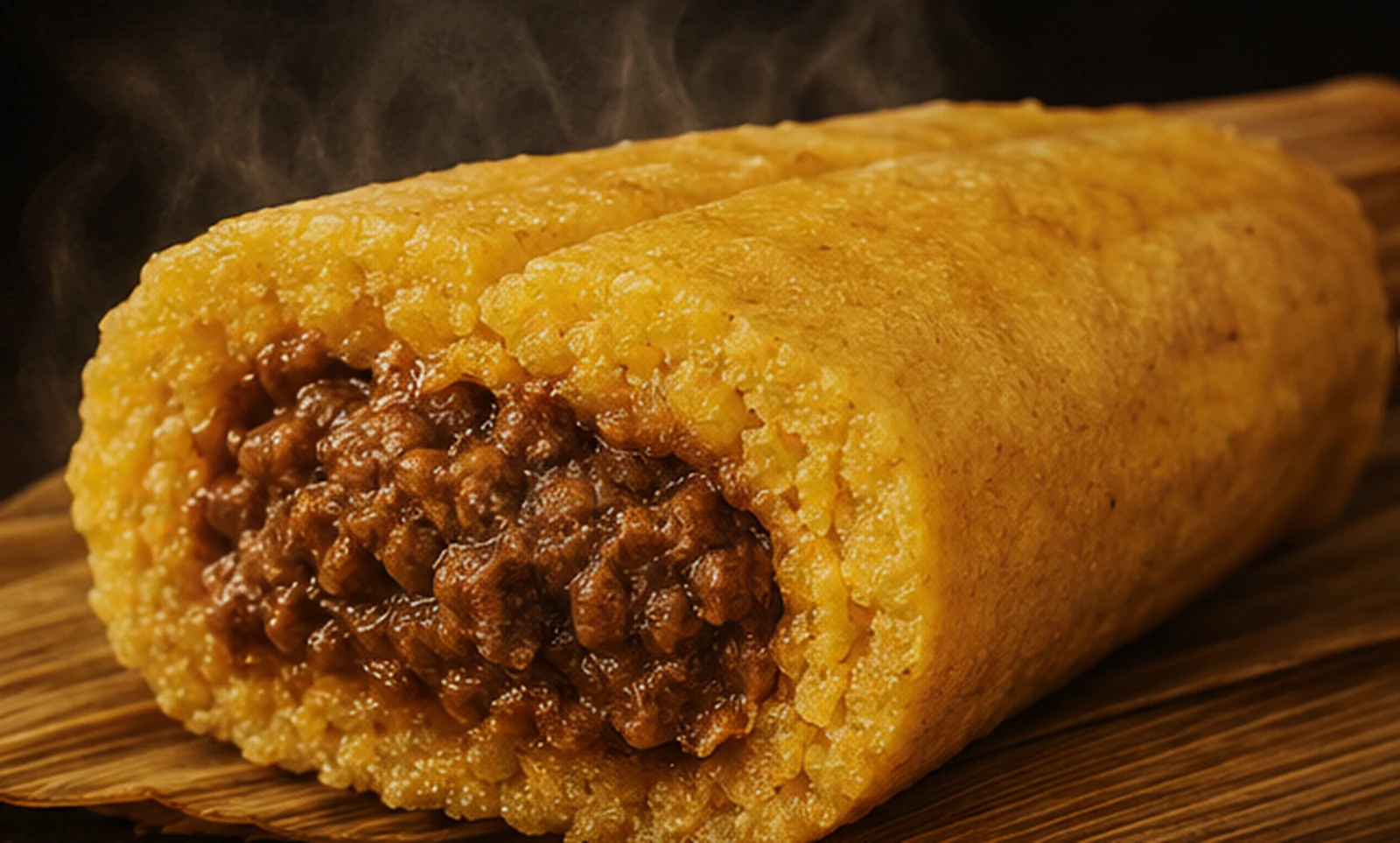 Cut-open Creole cornmeal tamale showing the centered beef filling